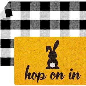 Cotton Buffalo plaid doormat scarf and scruffy plastic doormat with a bunny